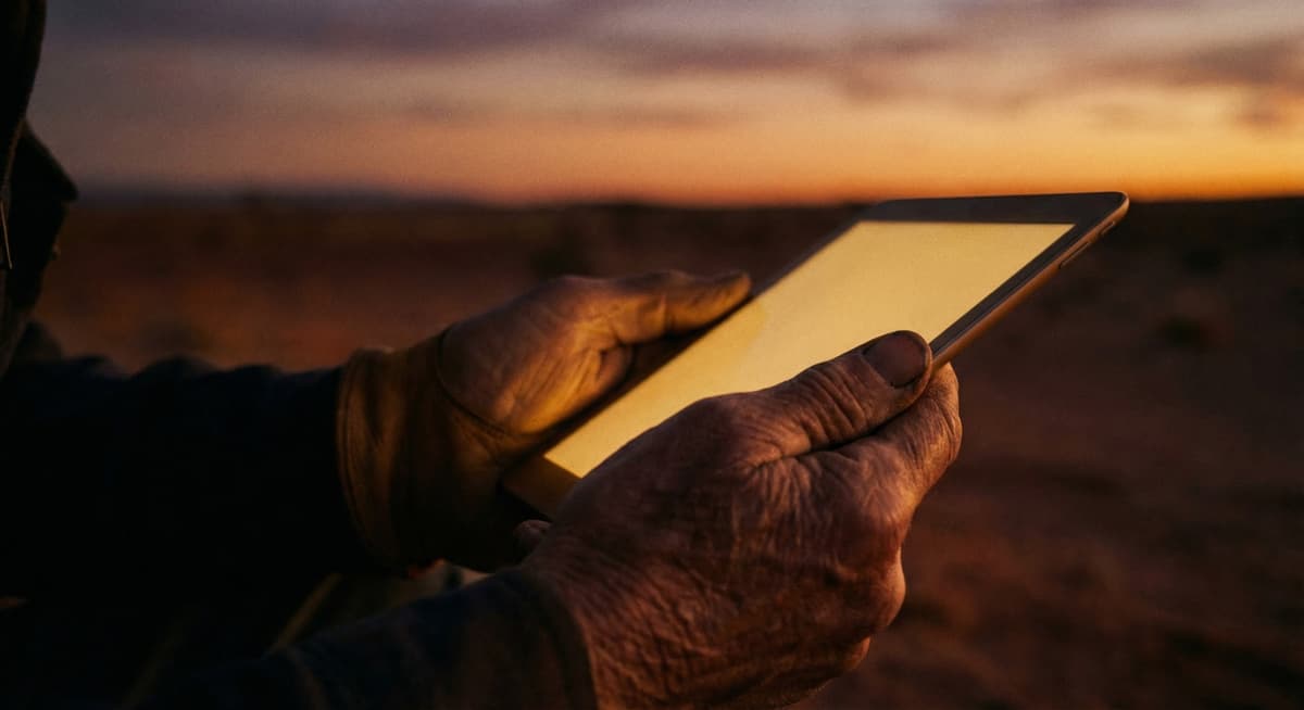 Elderly hands holding a glowing tablet